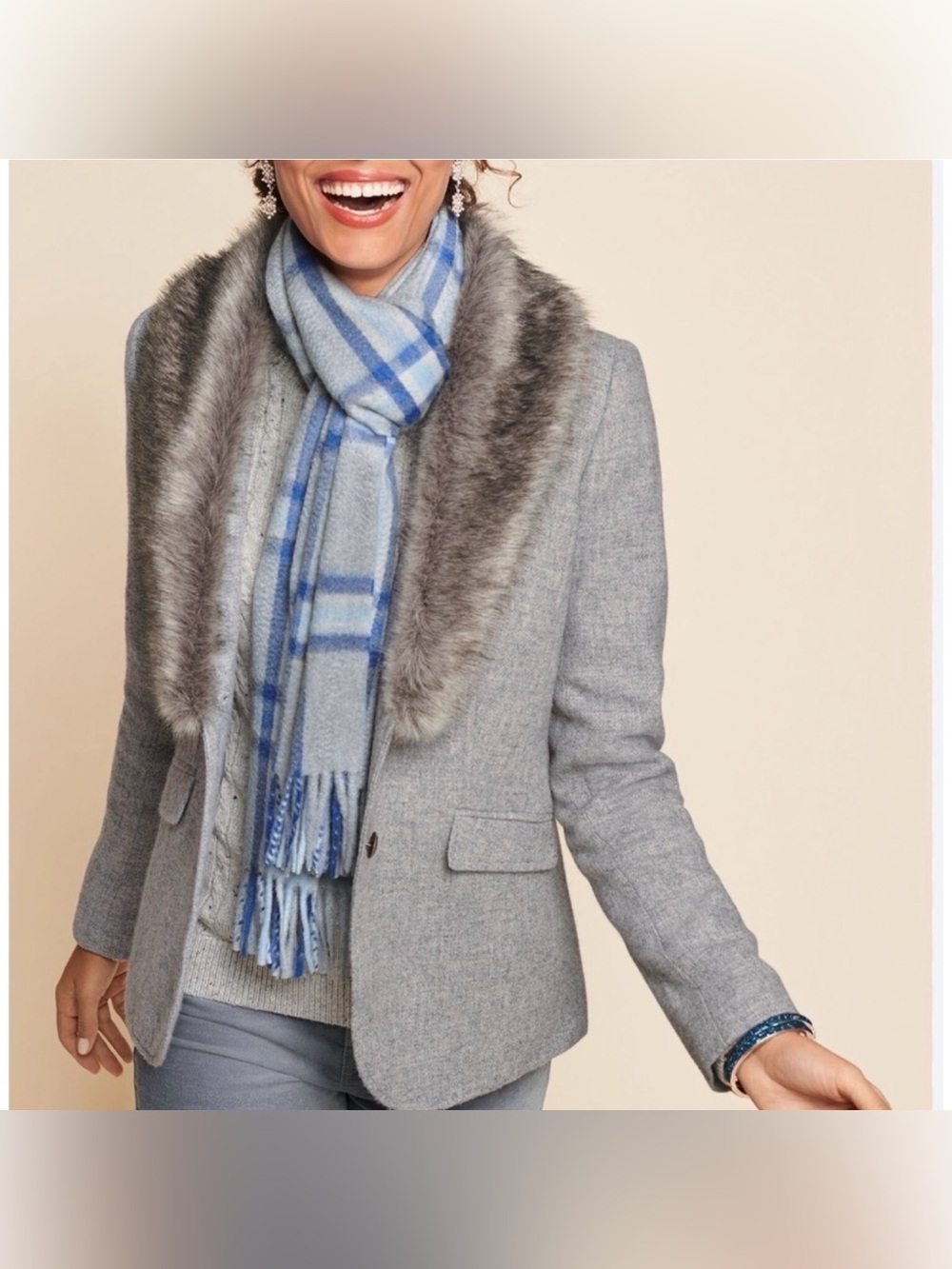 Talbots Plus NEW! Wool Blend Shetland Blazer Faux Fur Collar Grey Size 22W
